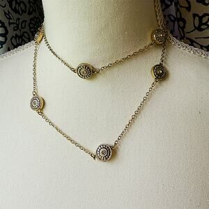 32" Soft Gold Disc/Circle Station Necklace w/Rhinestone Accents